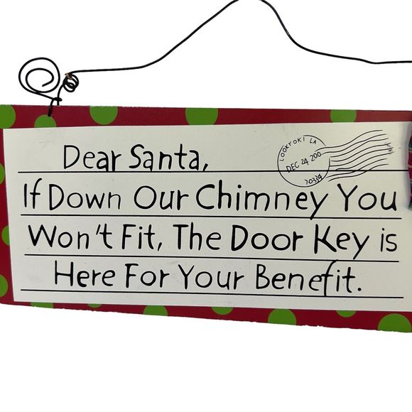 Christmas Wooden Hanging Sign “Dear Santa” Key for Door Red Green Dots 12x7x1 - Picture 2 of 4